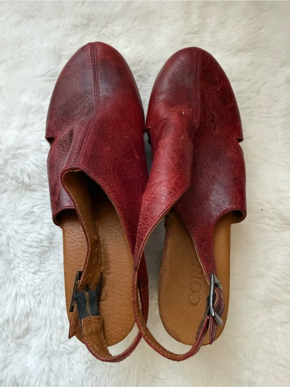 Cordani Burgundy Leather Platform Clogs with Wood-Look Wedge Size 38